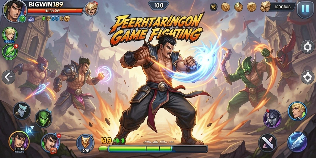 Tampilan utama <strong>BIGWIN189</strong> yang menunjukkan aksi pertempuran seru dan karakter yang beragam.